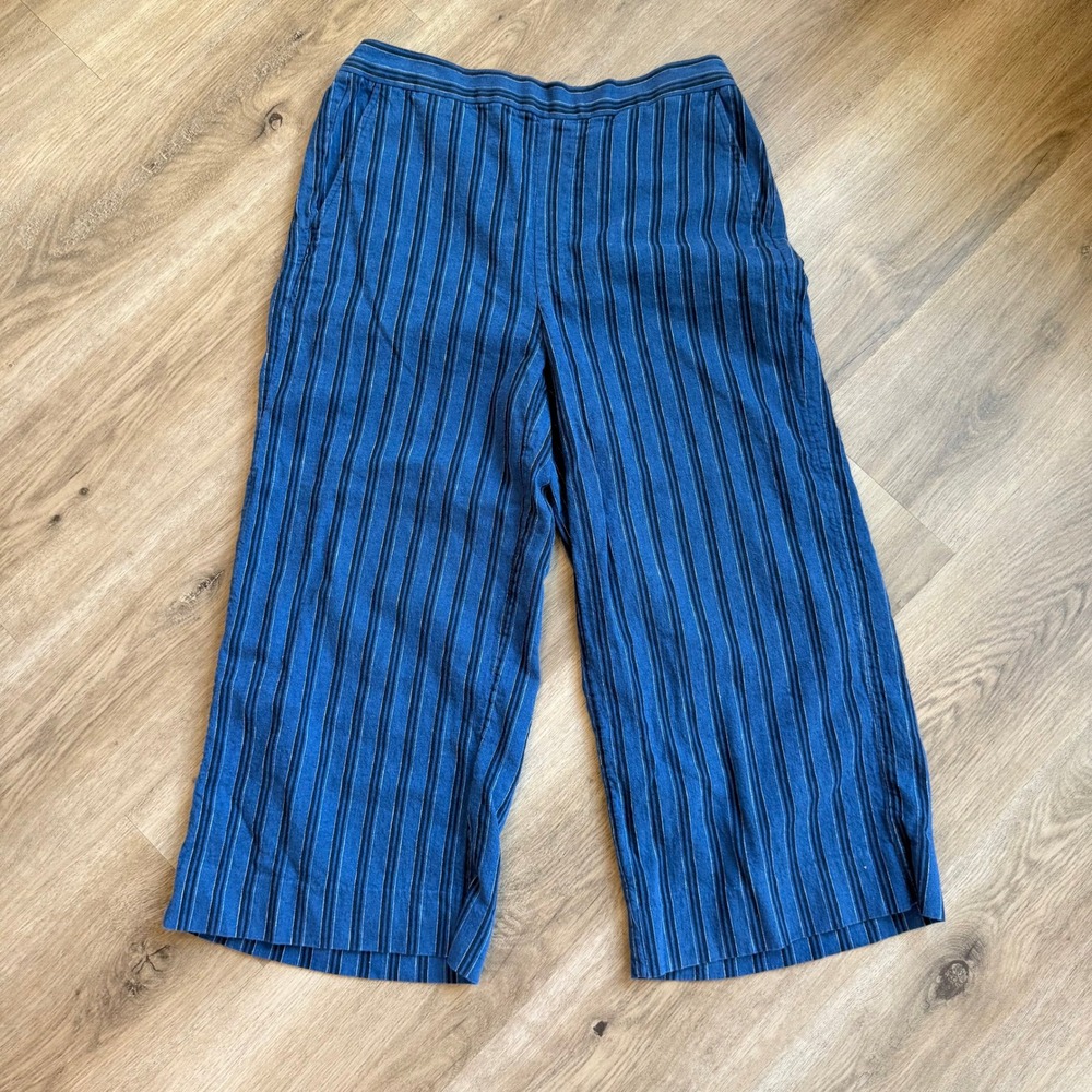 Banana Republic Rowan Wide-Leg Pants Blue Black Striped Petite 8 Cropped